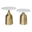 Side End Table Set of 2- Round White Marble Top- Bell-Shaped Gold Base