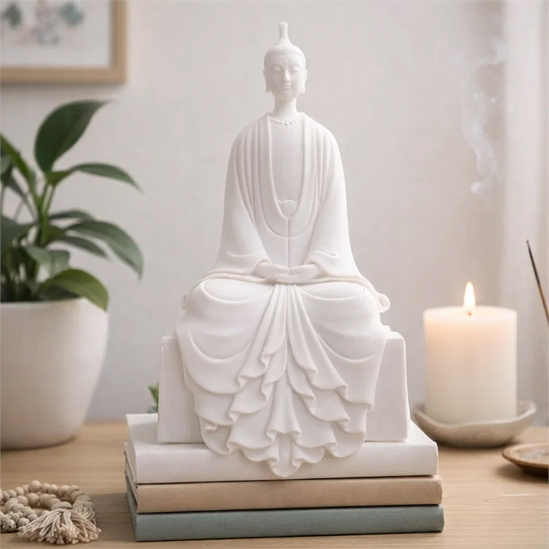 Sitting Sculpture- Peaceful Meditation Gesture- White Resin 19 Inch