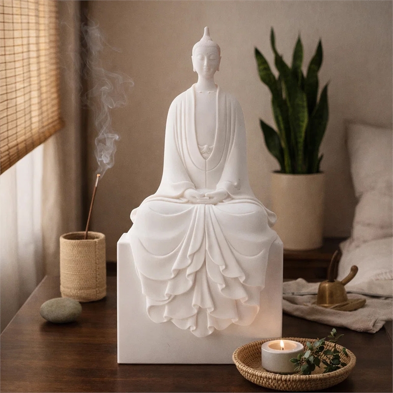 Sitting Sculpture- Peaceful Meditation Gesture- White Resin 19 Inch
