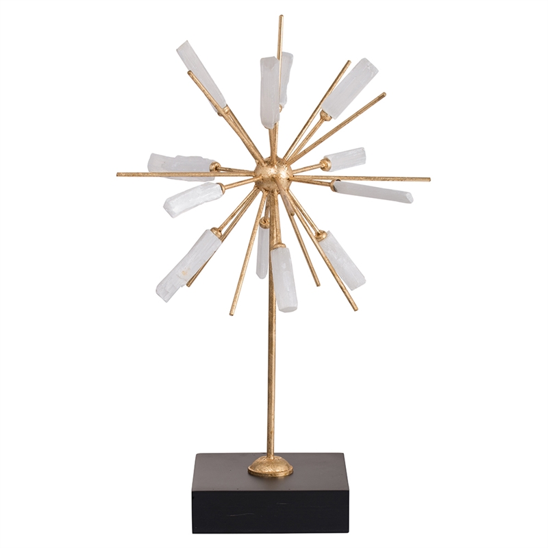 Starburst Sculpture on Black Base Stand- White Stones- Gold Metal Rods- 23 Inch