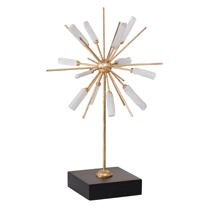 Starburst Sculpture on Black Base Stand- White Stones- Gold Metal Rods- 23 Inch