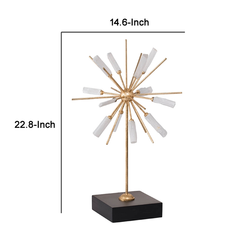 Starburst Sculpture on Black Base Stand- White Stones- Gold Metal Rods- 23 Inch