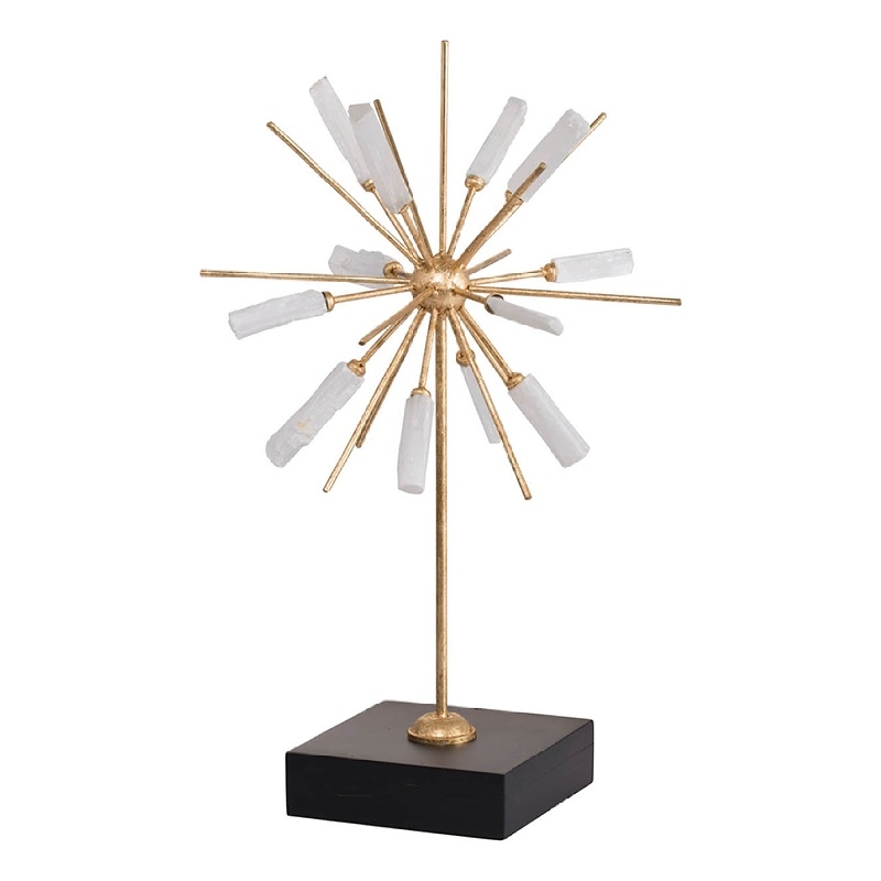 Starburst Sculpture on Black Base Stand- White Stones- Gold Metal Rods- 23 Inch