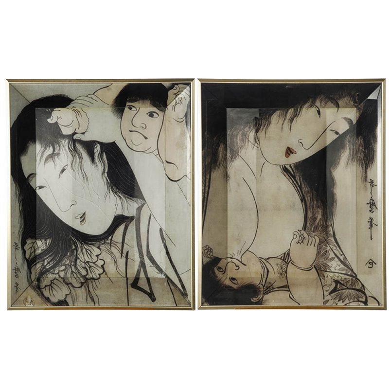 Decorative Serving Tray Set of 2- Japanese Black and White Glass Print
