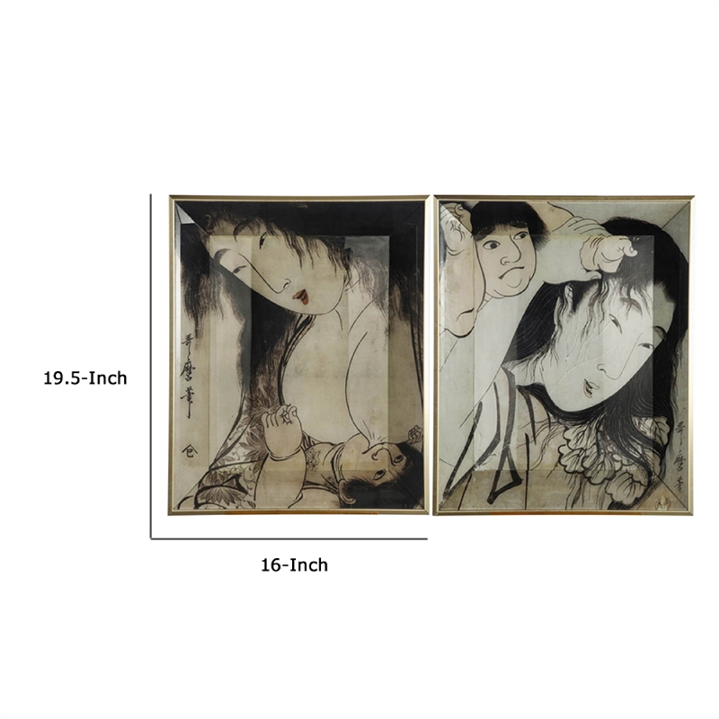 Decorative Serving Tray Set of 2- Japanese Black and White Glass Print