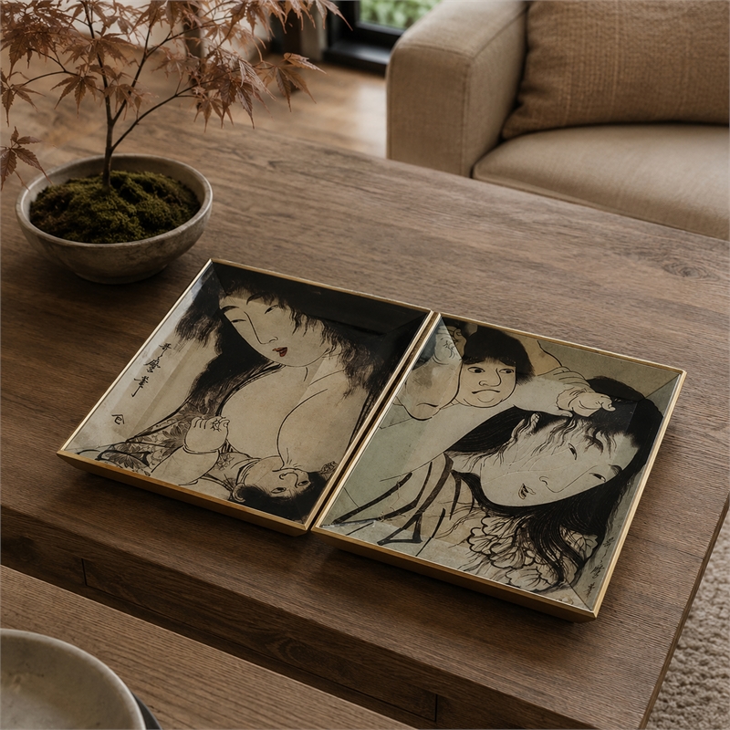 Decorative Serving Tray Set of 2- Japanese Black and White Glass Print