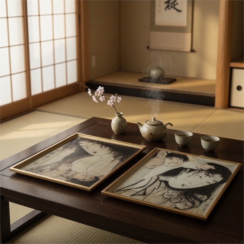 Decorative Serving Tray Set of 2- Japanese Black and White Glass Print