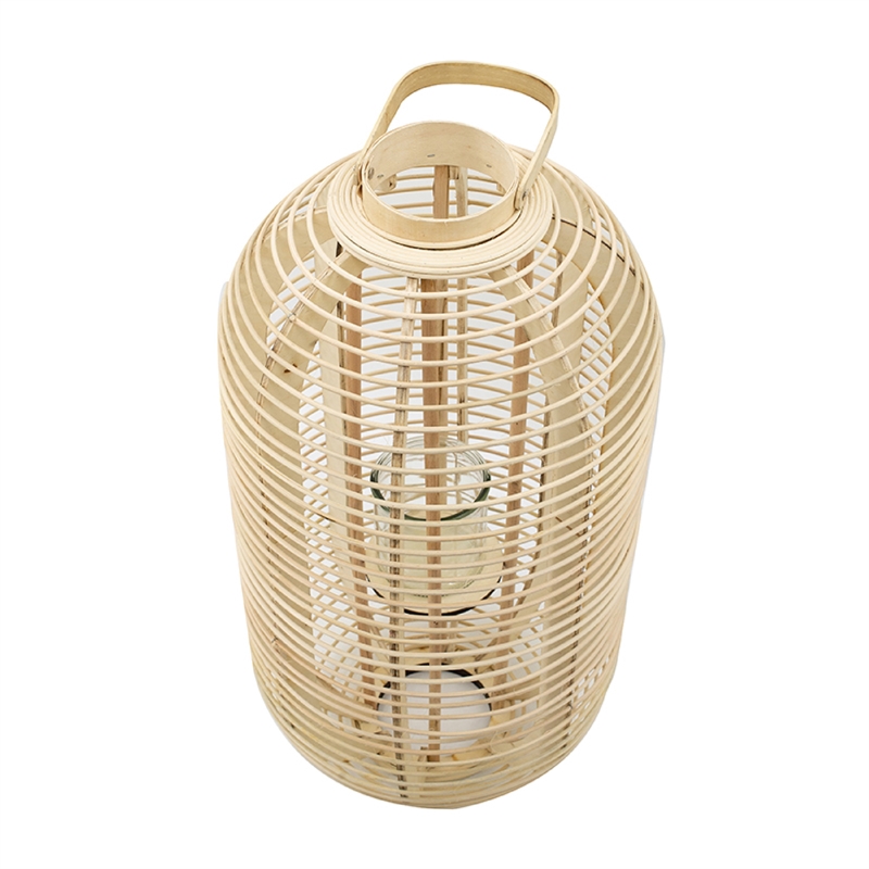 Rattan Bamboo Lantern with Glass Insert- Natural Beige Open Weave Frame