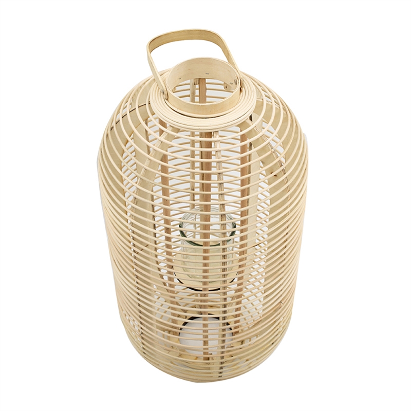 Rattan Bamboo Lantern with Glass Insert- Natural Beige Open Weave Frame