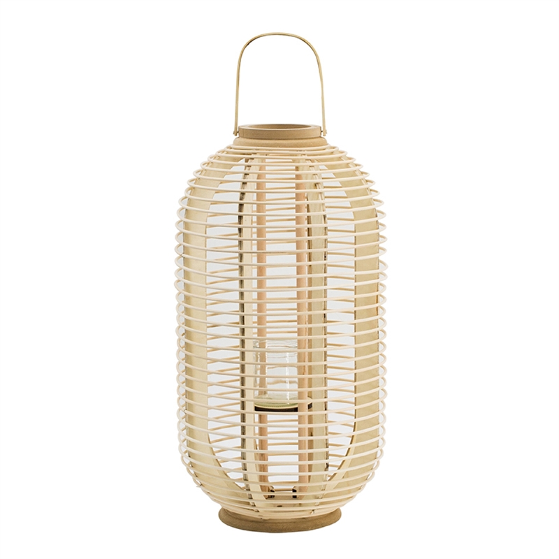Rattan Bamboo Lantern with Glass Insert- Natural Beige Open Weave Frame