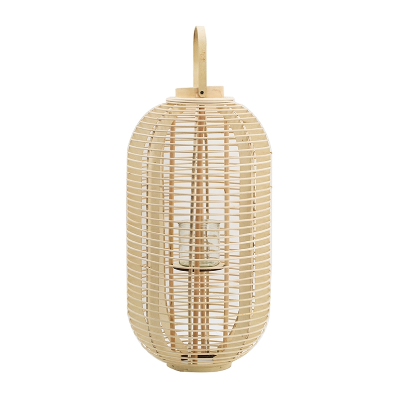 Rattan Bamboo Lantern with Glass Insert- Natural Beige Open Weave Frame