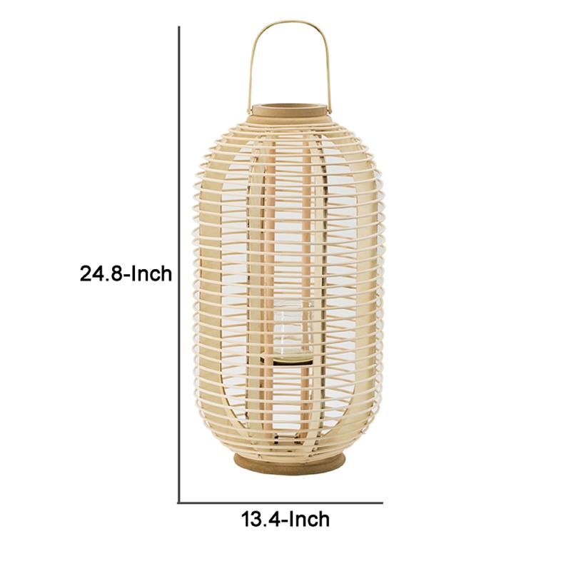 Rattan Bamboo Lantern with Glass Insert- Natural Beige Open Weave Frame