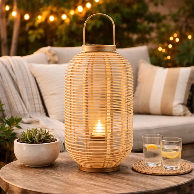 Rattan Bamboo Lantern with Glass Insert- Natural Beige Open Weave Frame