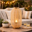 Rattan Bamboo Lantern with Glass Insert- Natural Beige Open Weave Frame