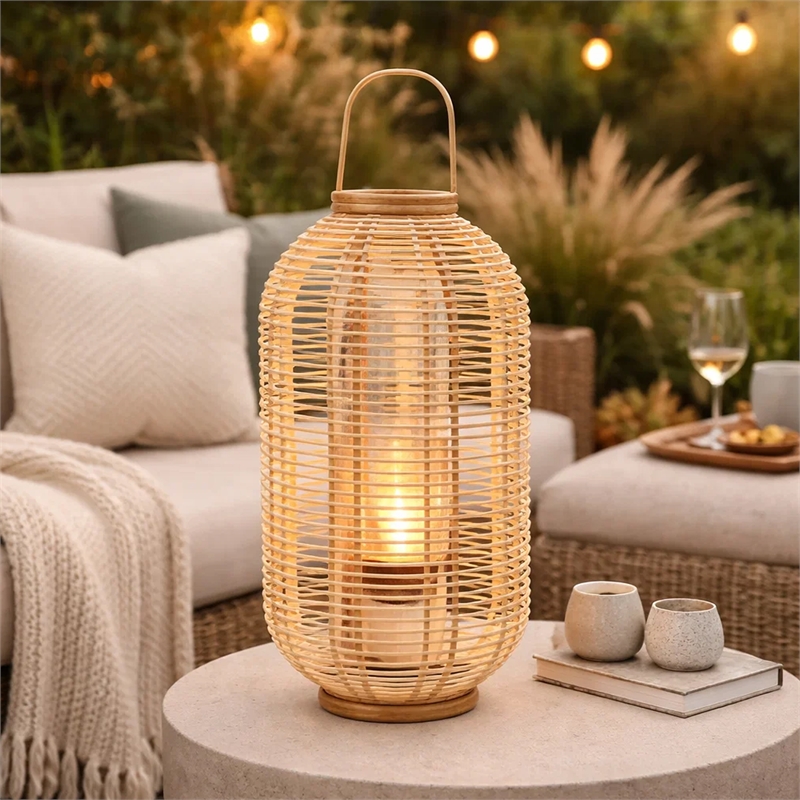 Rattan Bamboo Lantern with Glass Insert- Natural Beige Open Weave Frame
