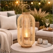 Rattan Bamboo Lantern with Glass Insert- Natural Beige Open Weave Frame