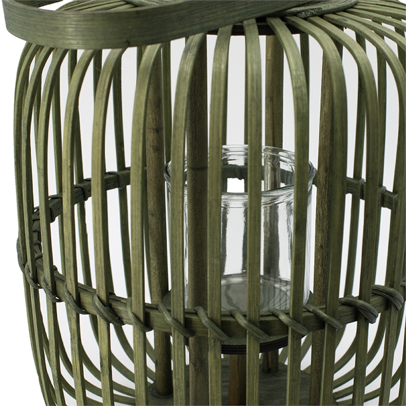 Green Bamboo Lantern with Glass Insert- Slatted Frame and Handle- 17 Inch