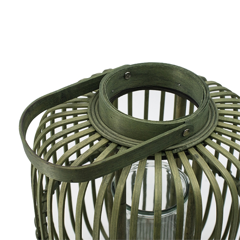 Green Bamboo Lantern with Glass Insert- Slatted Frame and Handle- 17 Inch