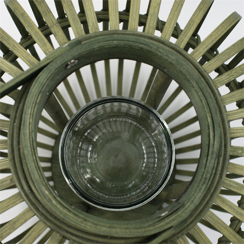 Green Bamboo Lantern with Glass Insert- Slatted Frame and Handle- 17 Inch