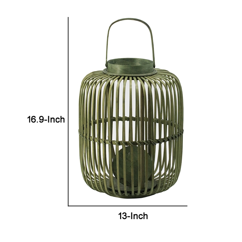 Green Bamboo Lantern with Glass Insert- Slatted Frame and Handle- 17 Inch