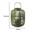 Green Bamboo Lantern with Glass Insert- Slatted Frame and Handle- 17 Inch