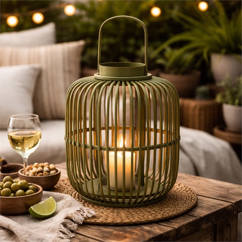 Green Bamboo Lantern with Glass Insert- Slatted Frame and Handle- 17 Inch