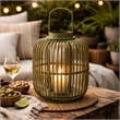 Green Bamboo Lantern with Glass Insert- Slatted Frame and Handle- 17 Inch
