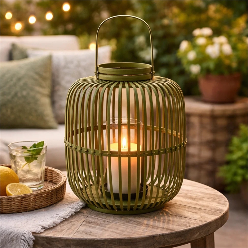 Green Bamboo Lantern with Glass Insert- Slatted Frame and Handle- 17 Inch