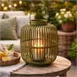 Green Bamboo Lantern with Glass Insert- Slatted Frame and Handle- 17 Inch