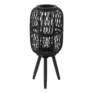 Lantern- Glass Insert with Black Bamboo Lattice Tripod Frame- 24 Inch