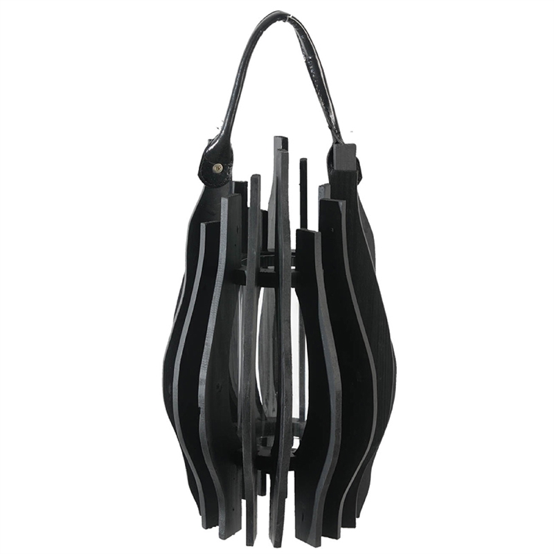 Decorative Lantern- Sculptural Shape and Leather Handle- Black Wood 16 Inch