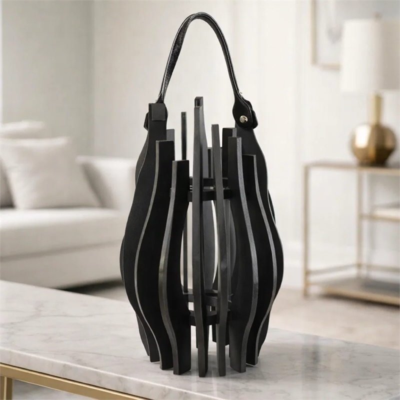 Decorative Lantern- Sculptural Shape and Leather Handle- Black Wood 16 Inch