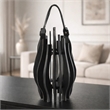 Decorative Lantern- Sculptural Shape and Leather Handle- Black Wood 16 Inch