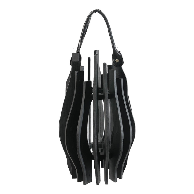 Decorative Lantern- Sculptural Shape and Leather Handle- Black Wood 16 Inch
