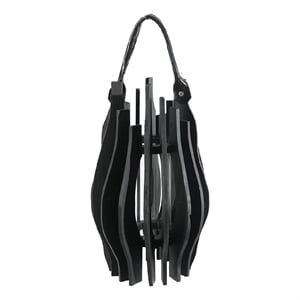 Decorative Lantern- Sculptural Shape and Leather Handle- Black Wood 16 Inch