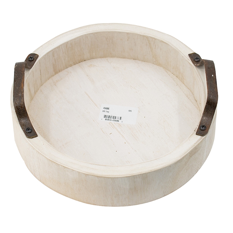 Nive Round Nesting Tray Set of 5- Brown Handles- Whitewash Paulownia Wood