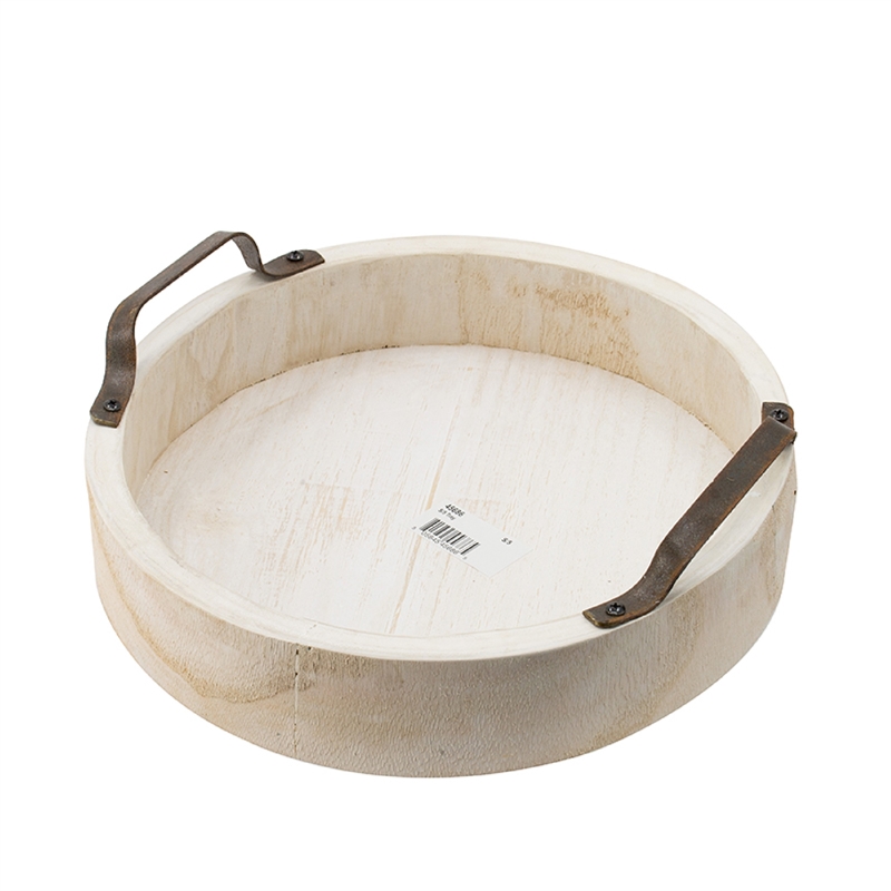 Nive Round Nesting Tray Set of 5- Brown Handles- Whitewash Paulownia Wood