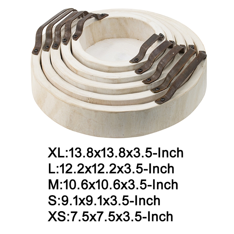 Nive Round Nesting Tray Set of 5- Brown Handles- Whitewash Paulownia Wood