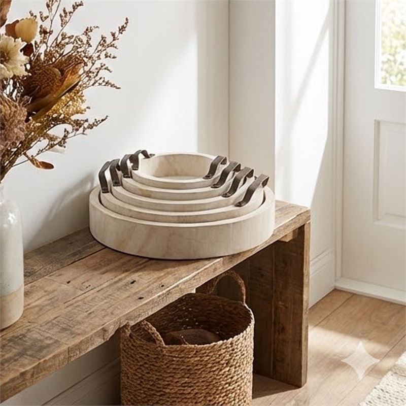 Nive Round Nesting Tray Set of 5- Brown Handles- Whitewash Paulownia Wood