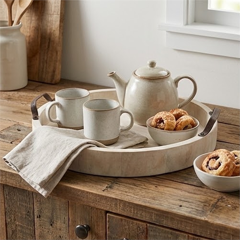 Nive Round Nesting Tray Set of 5- Brown Handles- Whitewash Paulownia Wood