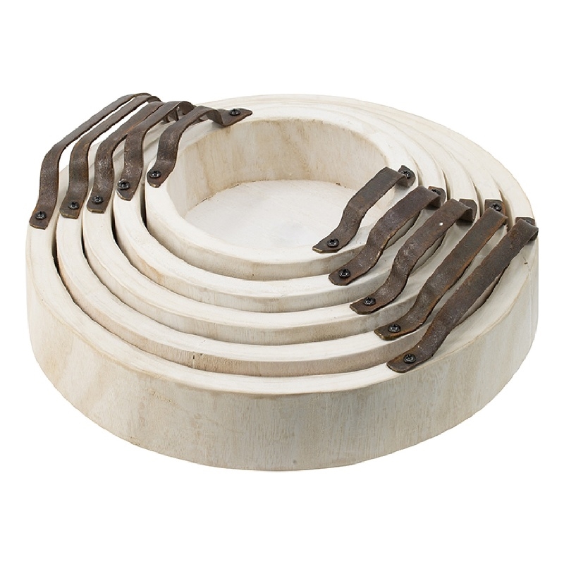 Nive Round Nesting Tray Set of 5- Brown Handles- Whitewash Paulownia Wood