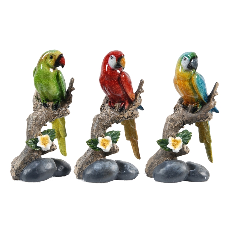 Tropical Bird Macaw Parrot on Branch Figurines- Green Red Blue - 3pc Set
