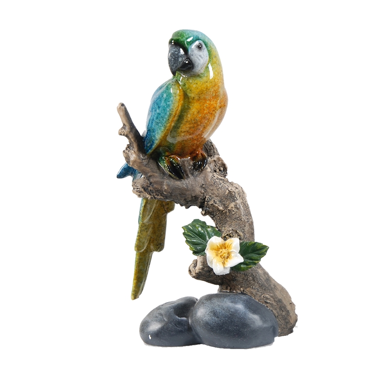 Tropical Bird Macaw Parrot on Branch Figurines- Green Red Blue - 3pc Set