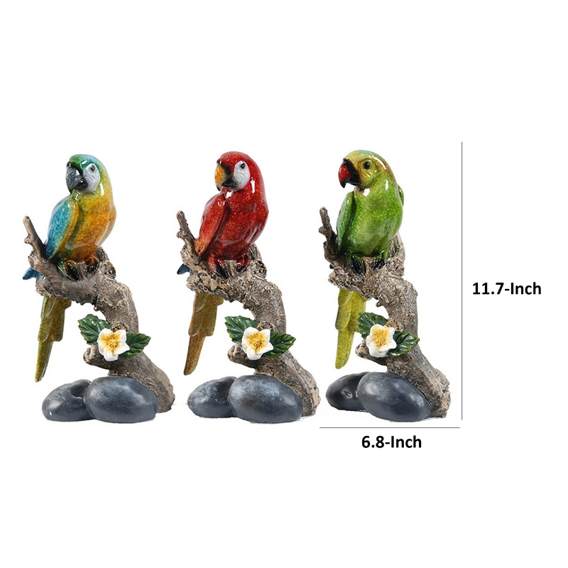 Tropical Bird Macaw Parrot on Branch Figurines- Green Red Blue - 3pc Set