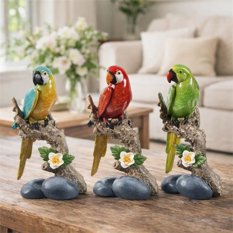 Tropical Bird Macaw Parrot on Branch Figurines- Green Red Blue - 3pc Set