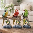 Tropical Bird Macaw Parrot on Branch Figurines- Green Red Blue - 3pc Set