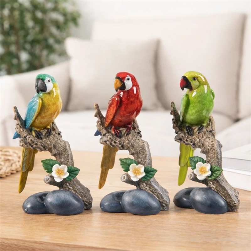 Tropical Bird Macaw Parrot on Branch Figurines- Green Red Blue - 3pc Set