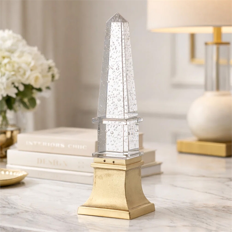Raga Crystal Accent Lighting- Obelisk Decor Body- Gold Metal Base- 21 Inch