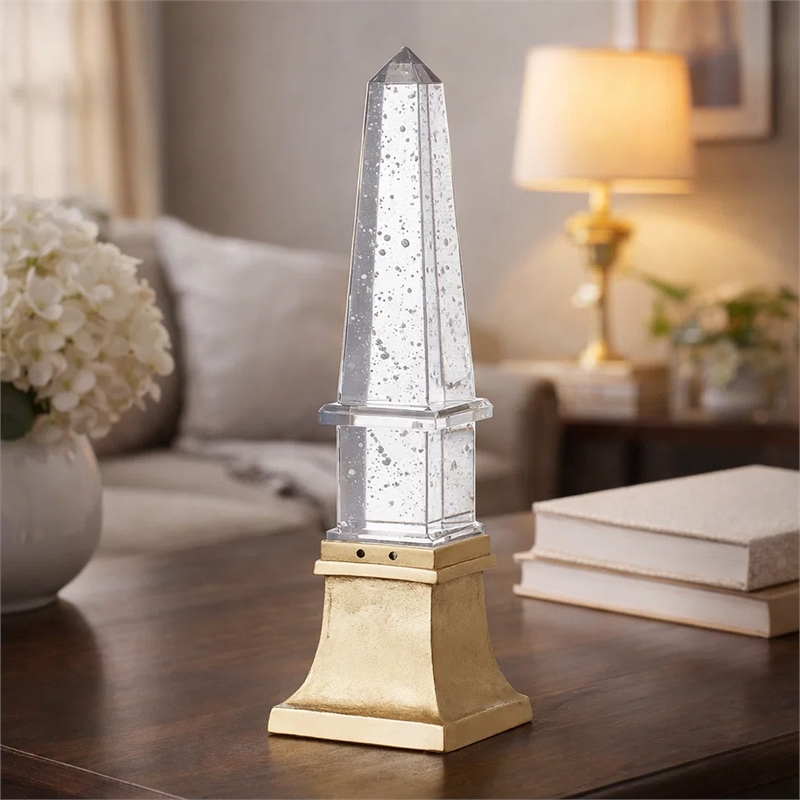 Raga Crystal Accent Lighting- Obelisk Decor Body- Gold Metal Base- 21 Inch
