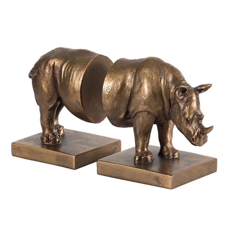 Nimy Decorative Bookend Set of 2- Jungle Rhinoceros- Bronze Polyresin